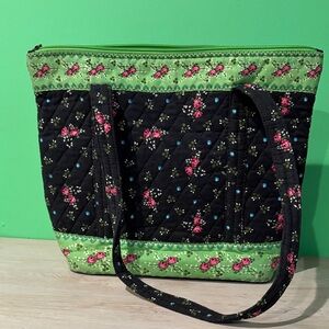 Floral Quilted Tote Bag - Black and Green